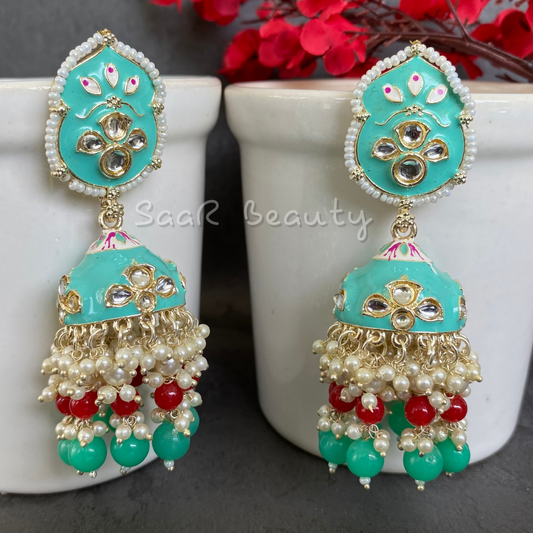 MEENAKARI YASHODA JHUMKA EARRINGS - AQUA GREEN