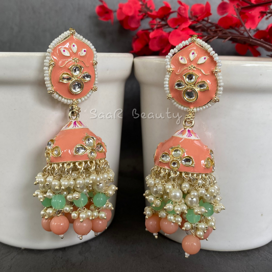 MEENAKARI YASHODA JHUMKA EARRINGS - PEACH