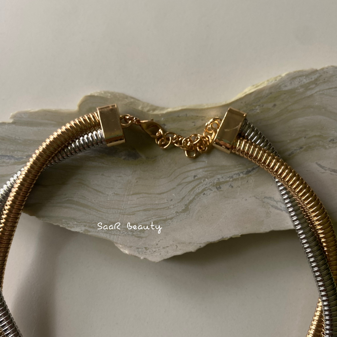 Metal chain necklace.&amp;nbsp;Adjustable length with a trigger clasp.  Accessory Style:&amp;nbsp;Pendant necklace Description: DUAL SHADE VIRAL SNAKE CHAIN CHOKER   Country of production:&amp;nbsp;India Common generic name:&amp;nbsp;Necklace Net Quantity:&amp;nbsp;1 N   Composition  Metal 80%, Polymethyl methacrylate 10%, Steel 10%