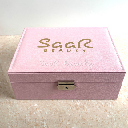 SaaR Beauty Leather Jewelry Organizer – Elegant, compact storage box with multiple compartments for rings, earrings, necklaces, and bracelets in light rose pink colors.