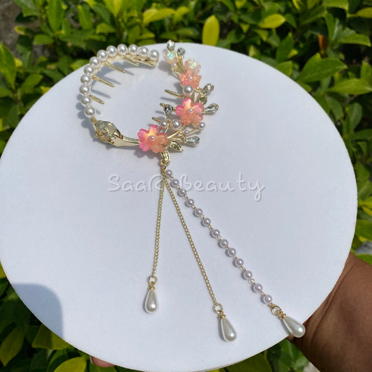 Elegant Bridal Bun Juda Hair Stick with Tassel – Pearl and Floral Design