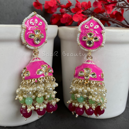 MEENAKARI YASHODA JHUMKA EARRINGS - PINK