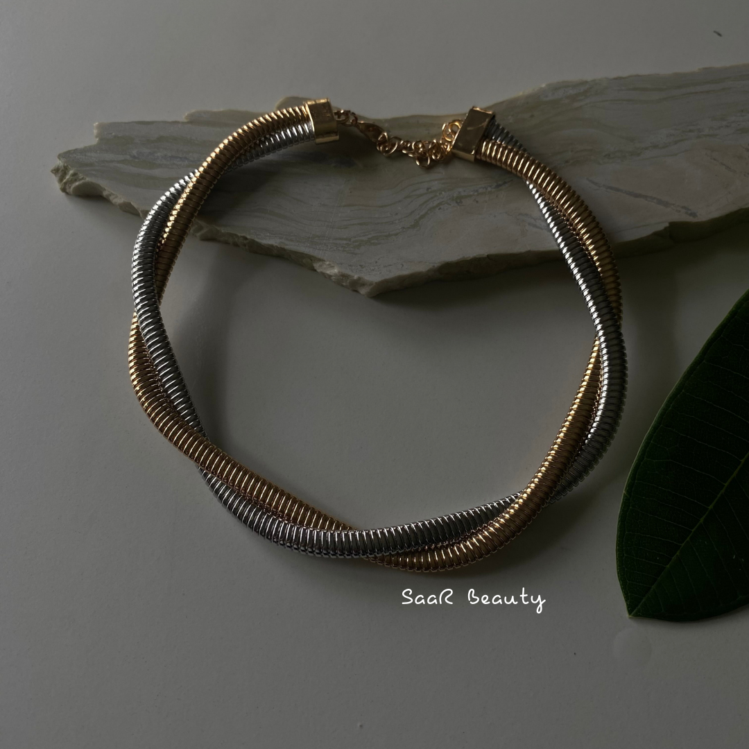 Metal chain necklace.&amp;nbsp;Adjustable length with a trigger clasp.  Accessory Style:&amp;nbsp;Pendant necklace Description: DUAL SHADE VIRAL SNAKE CHAIN CHOKER   Country of production:&amp;nbsp;India Common generic name:&amp;nbsp;Necklace Net Quantity:&amp;nbsp;1 N   Composition  Metal 80%, Polymethyl methacrylate 10%, Steel 10%