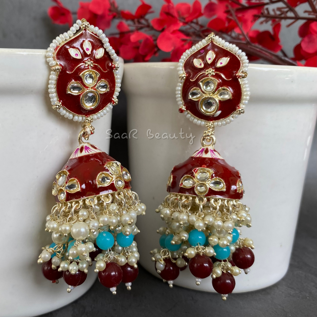 MEENAKARI YASHODA JHUMKA EARRINGS - MAROON