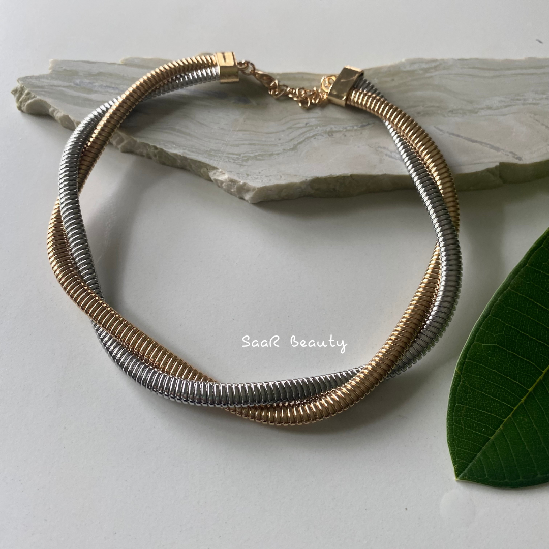 Metal chain necklace.&amp;nbsp;Adjustable length with a trigger clasp.  Accessory Style:&amp;nbsp;Pendant necklace Description: DUAL SHADE VIRAL SNAKE CHAIN CHOKER   Country of production:&amp;nbsp;India Common generic name:&amp;nbsp;Necklace Net Quantity:&amp;nbsp;1 N   Composition  Metal 80%, Polymethyl methacrylate 10%, Steel 10%