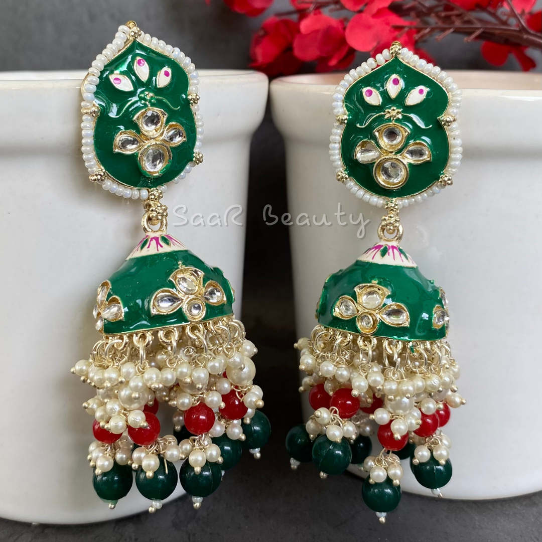 MEENAKARI YASHODA JHUMKA EARRINGS - GREEN