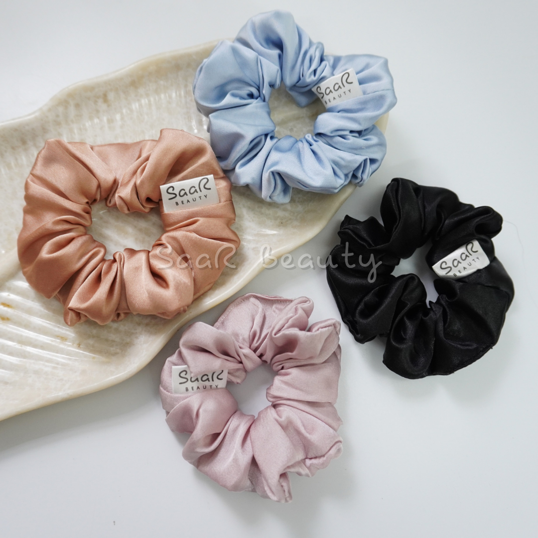 Satin Medium Scrunchies Combo of 4 – Black, Golden, Rosegold & Sky Blue