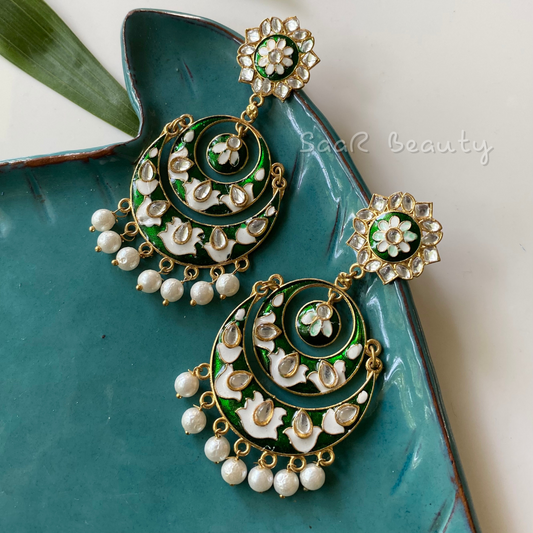 MEENAKARI DO CHAND BALIYA EARRINGS-GREEN