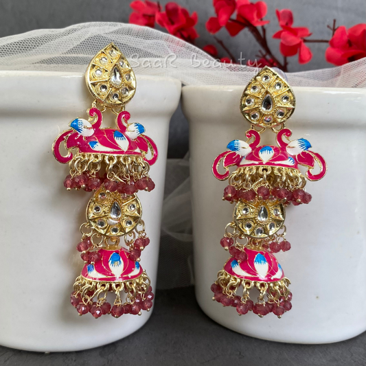 MEENAKARI NARSINGHI TRIPLE EARRINGS - PINK