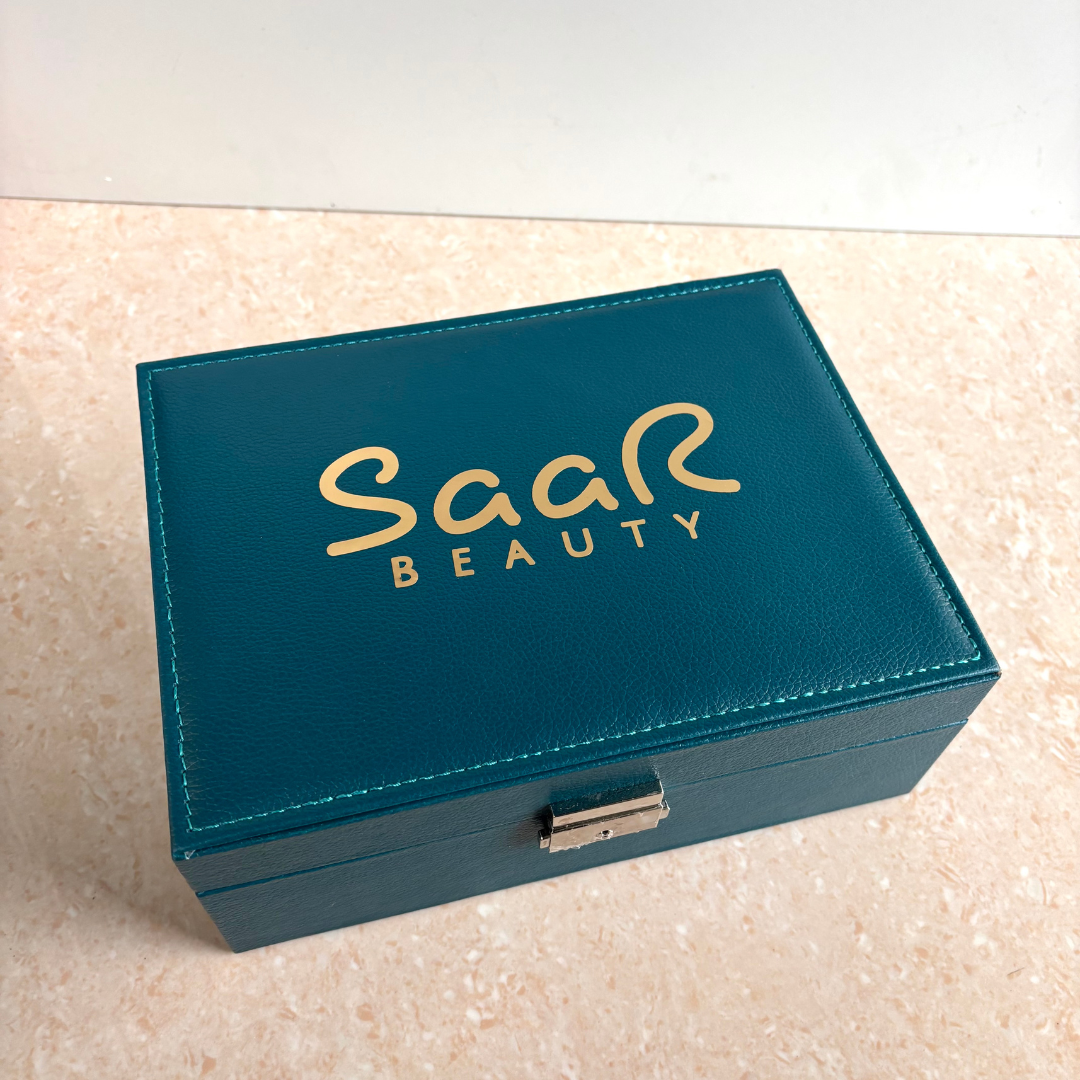 SaaR Beauty Leather Jewelry Organizer – Elegant, compact storage box with multiple compartments for rings, earrings, necklaces, and bracelets in stylish colors.