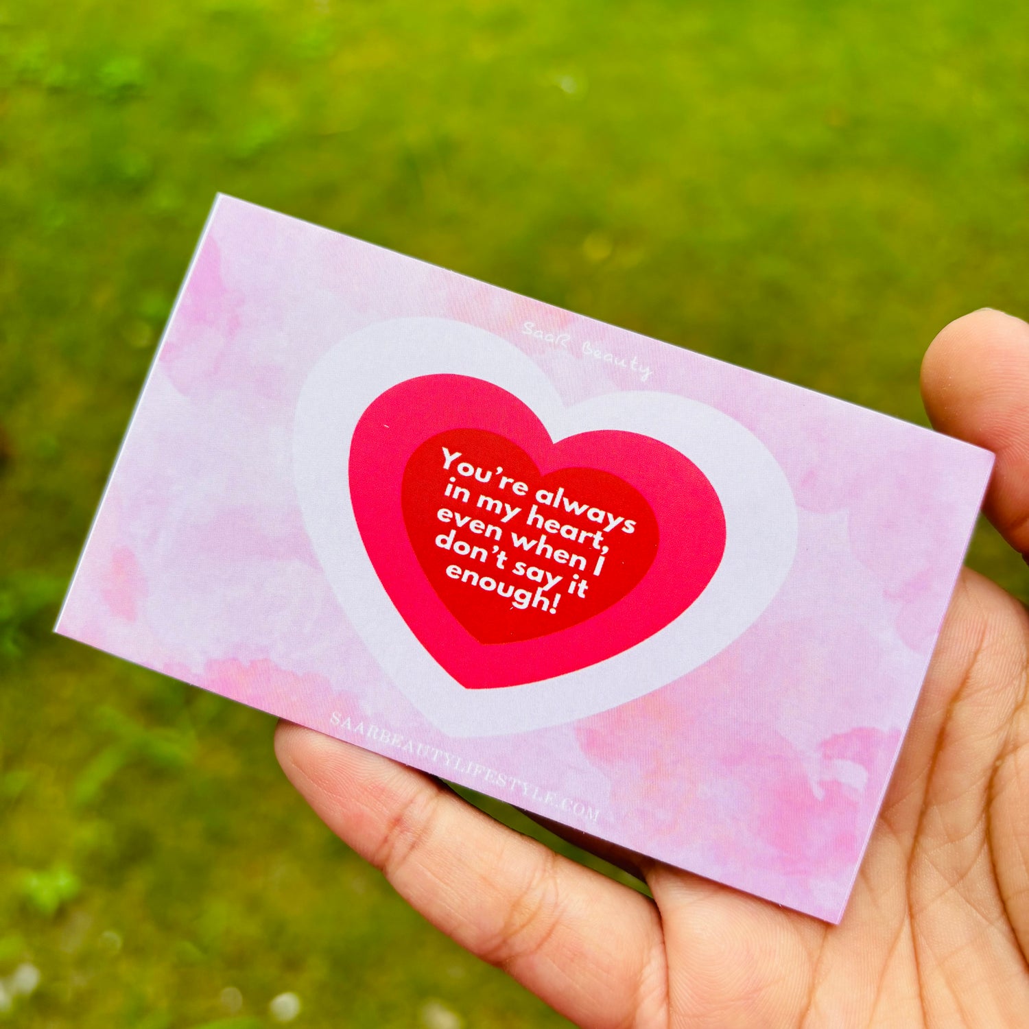 Romantic pink heart greeting card with Always in My Heart message – Saar Beauty add-on card for hampers and gifts