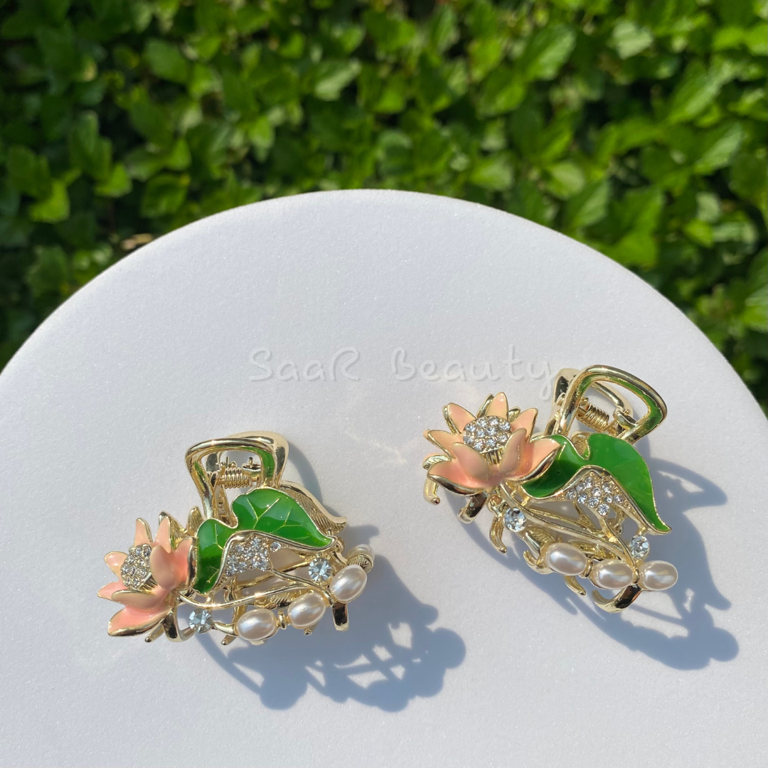 Korean Imported Metal Lotus Flower Claw Clutcher – Pearl &amp; AD Studded in Peach Shades for Kids, Women, and Girls | High-Quality Hair Accessory