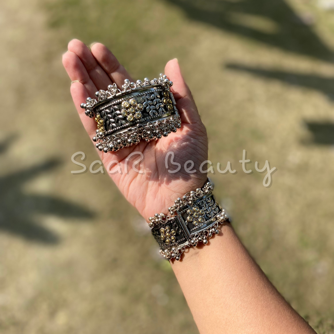 GOLDEN FLOWER OXIDISED KADA CUFF BRACELET TRADITIONAL BANJARA BOHO BANGLE