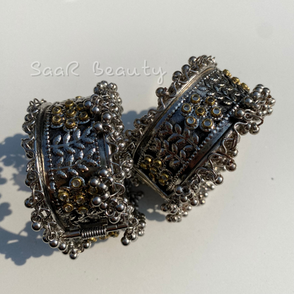 GOLDEN FLOWER OXIDISED KADA CUFF BRACELET TRADITIONAL BANJARA BOHO BANGLE