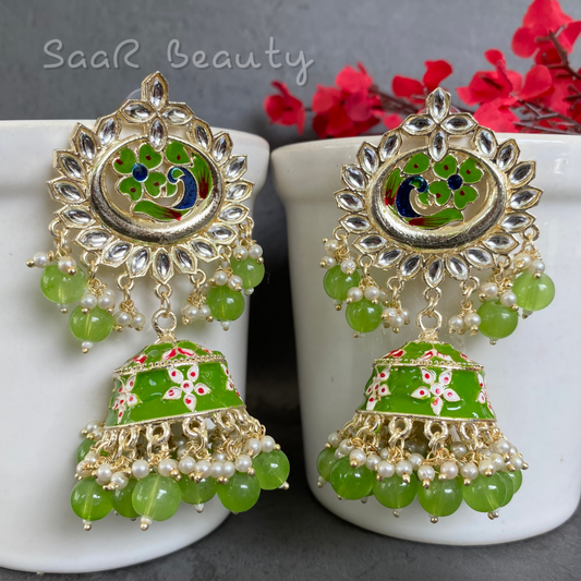 MEENAKARI SHYAMA PYARI JHUMKA EARRINGS - LEAFY GREEN