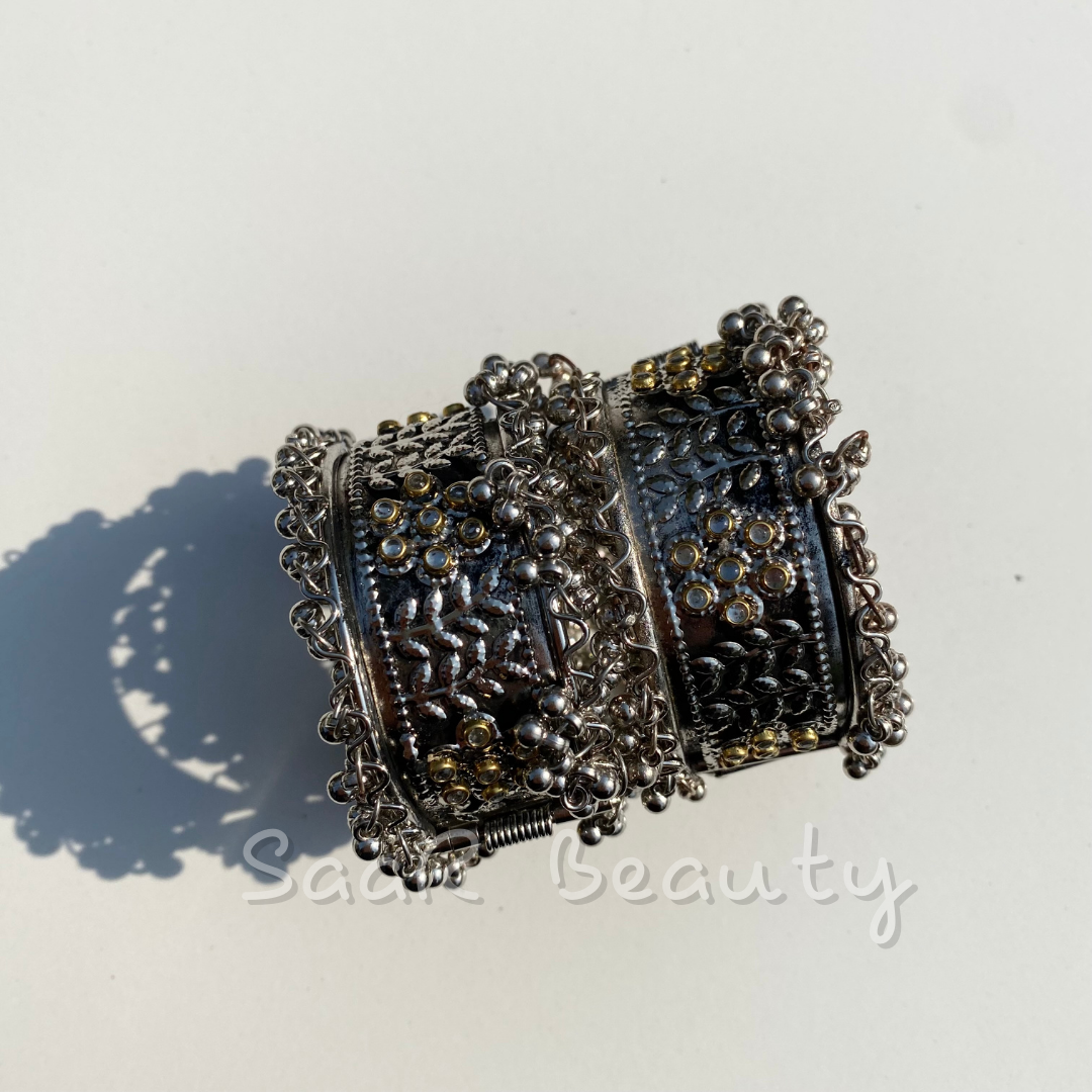 GOLDEN FLOWER OXIDISED KADA CUFF BRACELET TRADITIONAL BANJARA BOHO BANGLE