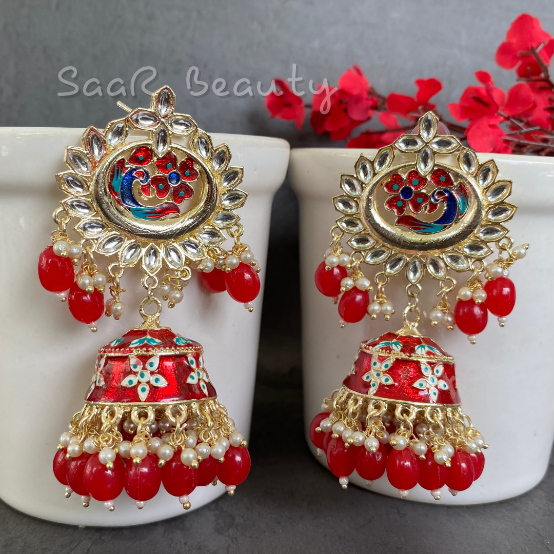 MEENAKARI SHYAMA PYARI JHUMKA EARRINGS - RED