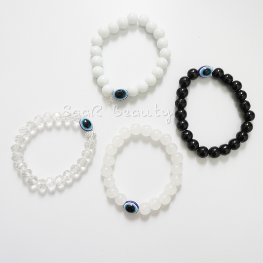 Evil Eye Beaded Bracelet Set - Protective Crystal Bracelets in Black, White & Clear