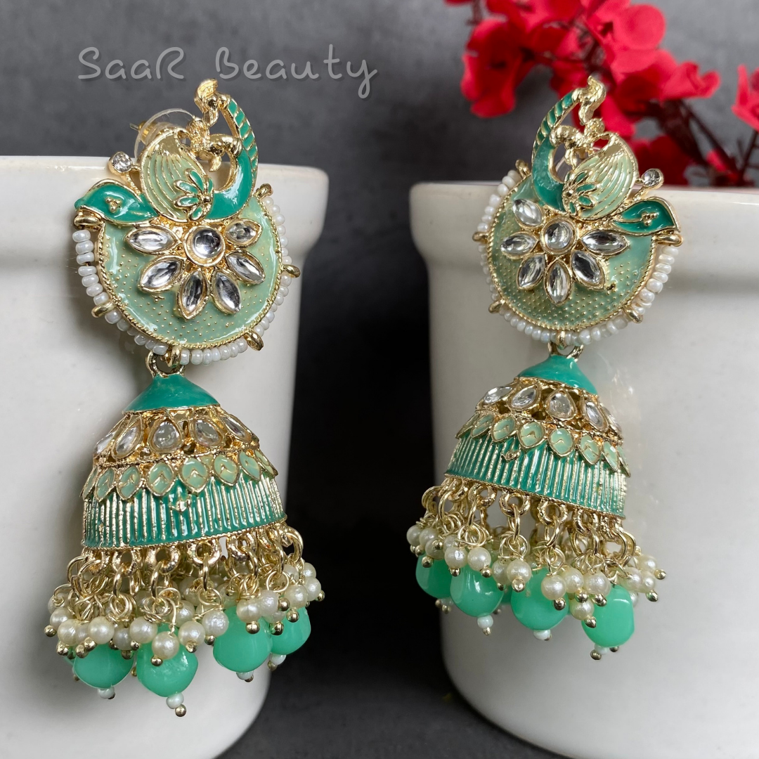 RUKMANI JHUMKA EARRINGS - AQUA GREEN