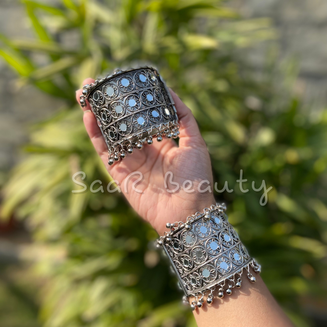 ROUND MIRROR OXIDISED KADA CUFF BRACELET TRADITIONAL BANJARA BOHO BANGLE