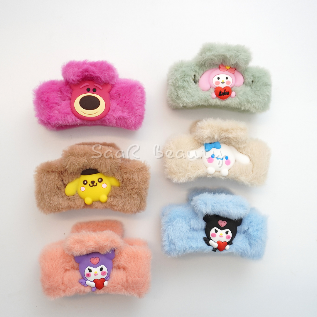 Shop SaaR Beauty’s adorable fur claw clips with cartoon charms! Perfect for thick, thin, and long hair, these colorful hair accessories add fun and style to your look.