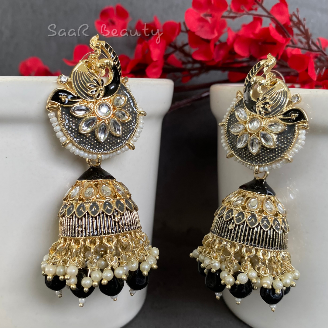 RUKMANI JHUMKA EARRINGS - BLACK