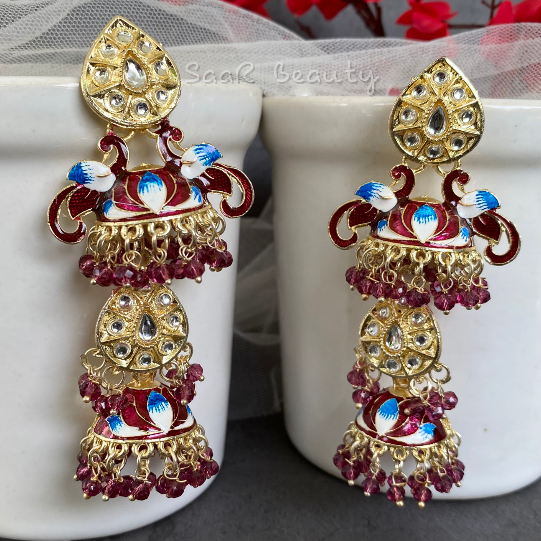 MEENAKARI NARSINGHI TRIPLE EARRINGS - MAROON