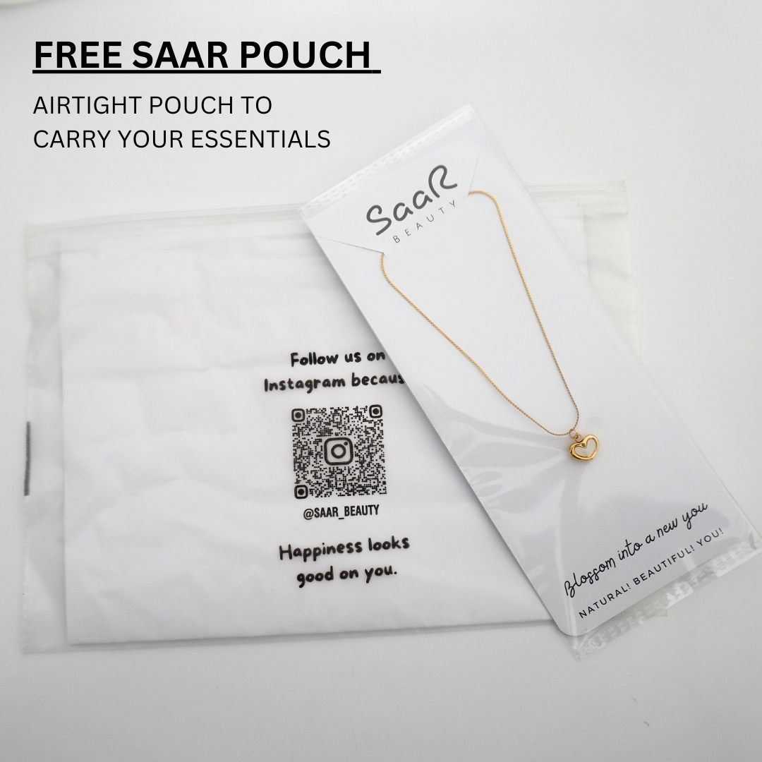 Sleek anti-tarnish neckpiece designed to stay shiny, includes Saar Beauty's free airtight storage pouch.