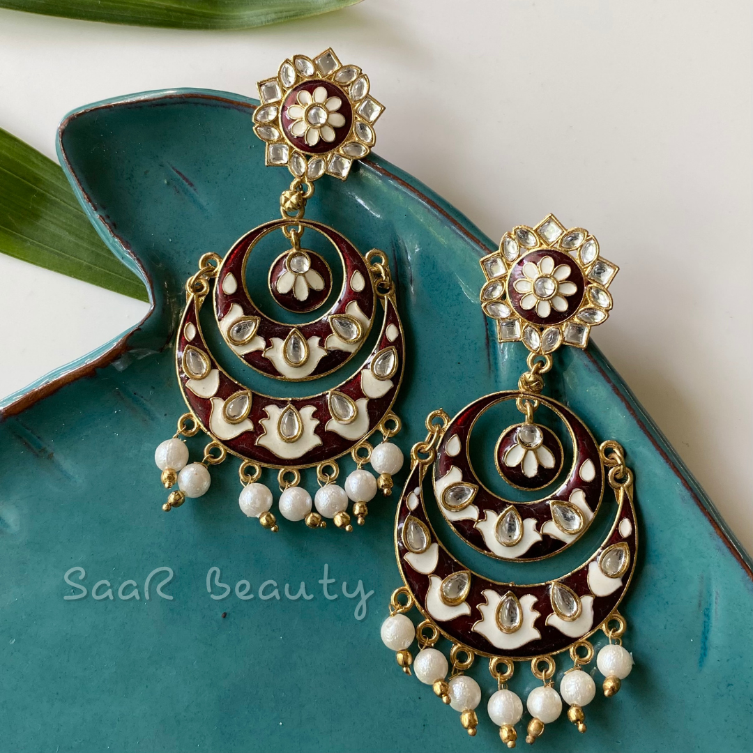 MEENAKARI DO CHAND BALIYA EARRINGS-MARRON