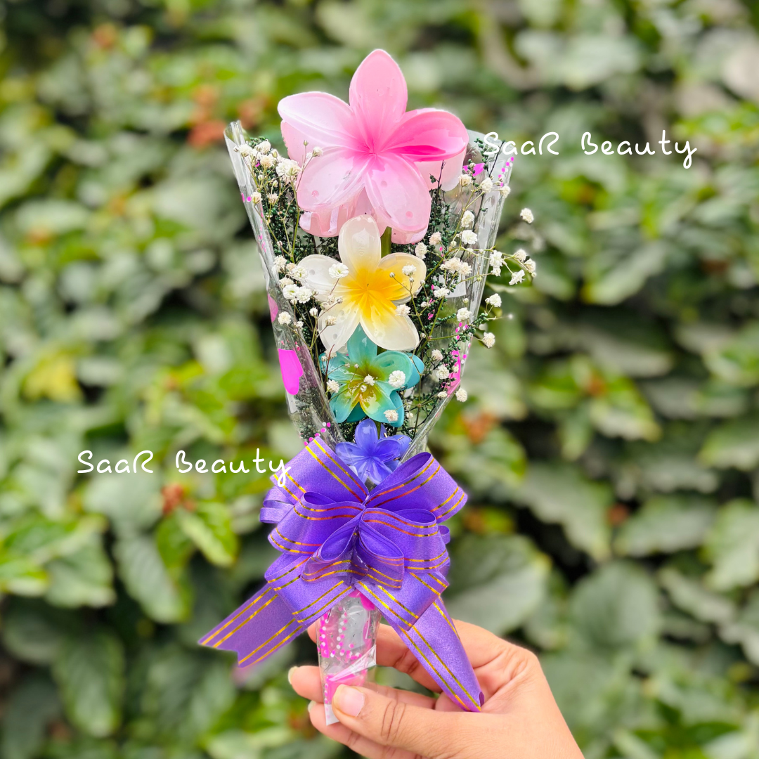 Compact flower claw clip set by SaaR Beauty, featuring large, medium, small, and mini floral hair claw clips with scrunchies and airtight pouches for safe storage. Perfect for gifting and everyday use.