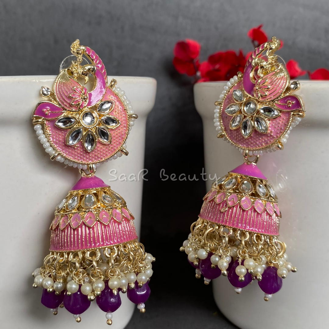 RUKMANI JHUMKA EARRINGS - PINK