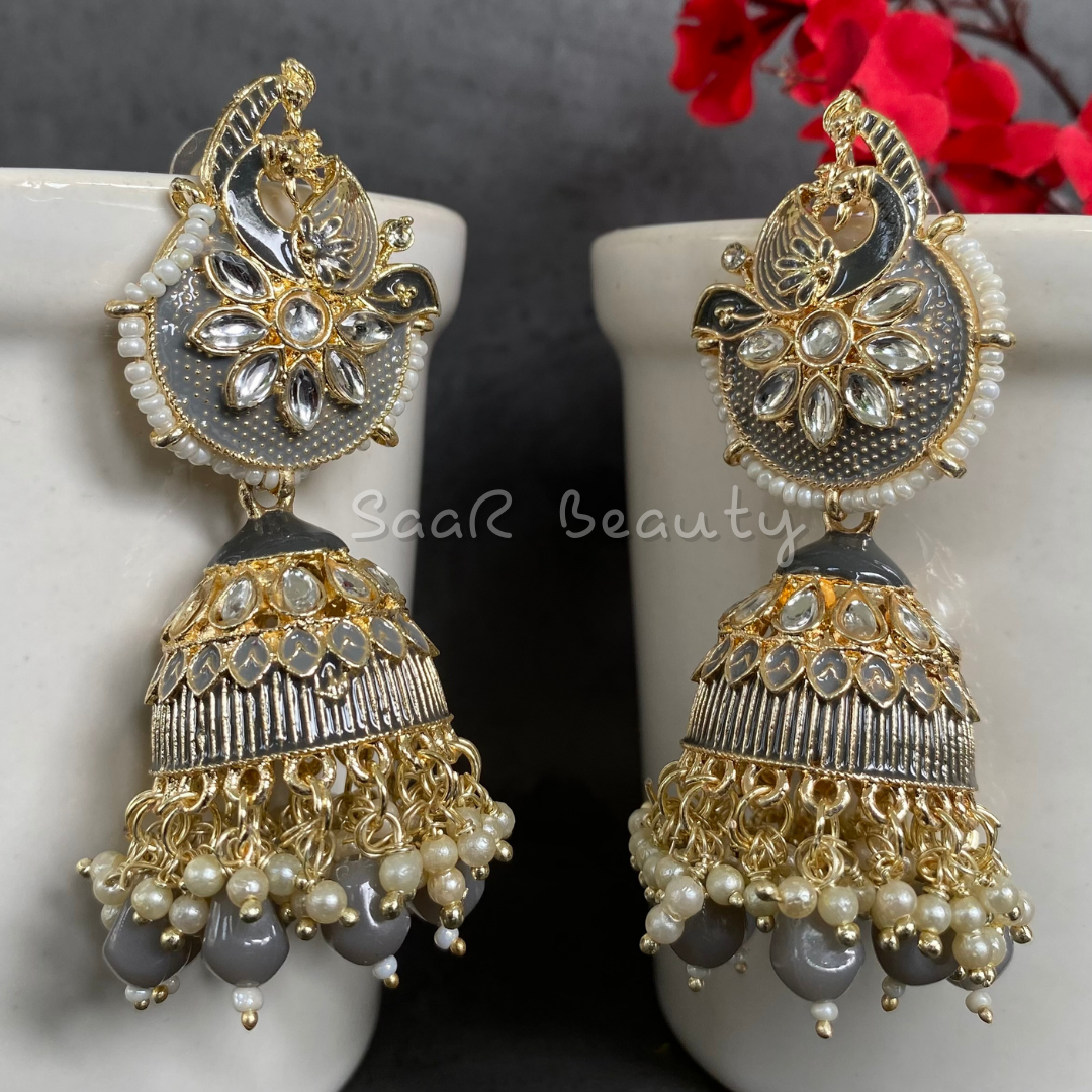 RUKMANI JHUMKA EARRINGS - GREY