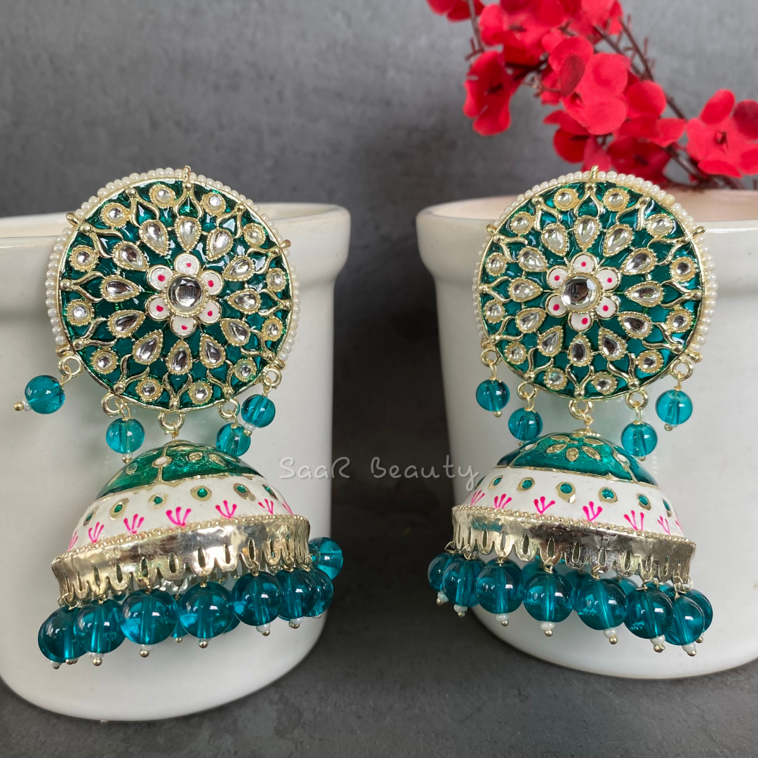 XXXL MEENAKARI JHUMKA EARRINGS - AQUA BLUE