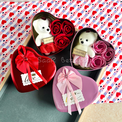 Heart-shaped Valentine’s Day gift box with a plush teddy bear, artificial roses, and an "I Love You" tag—perfect romantic gift for special occasions.