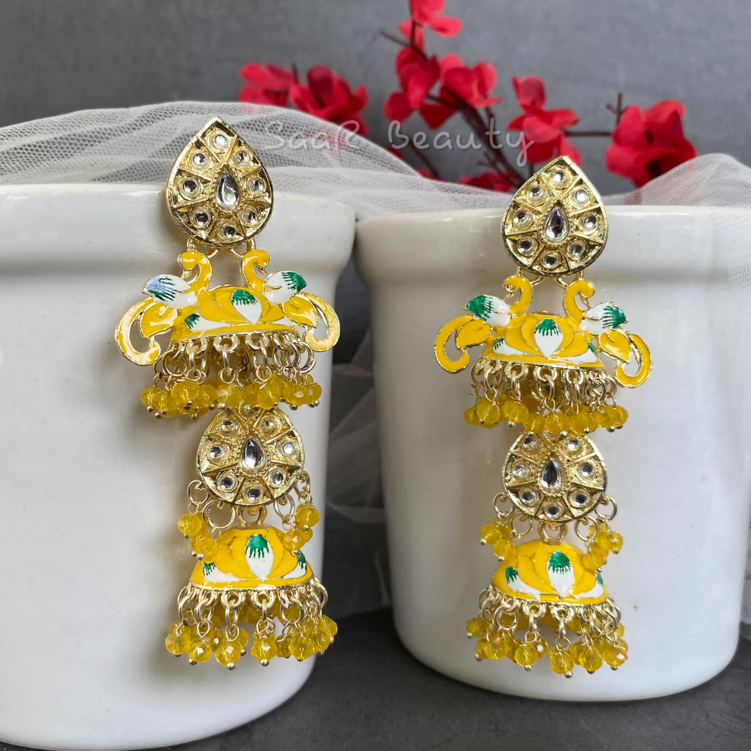 MEENAKARI NARSINGHI TRIPLE EARRINGS - YELLOW