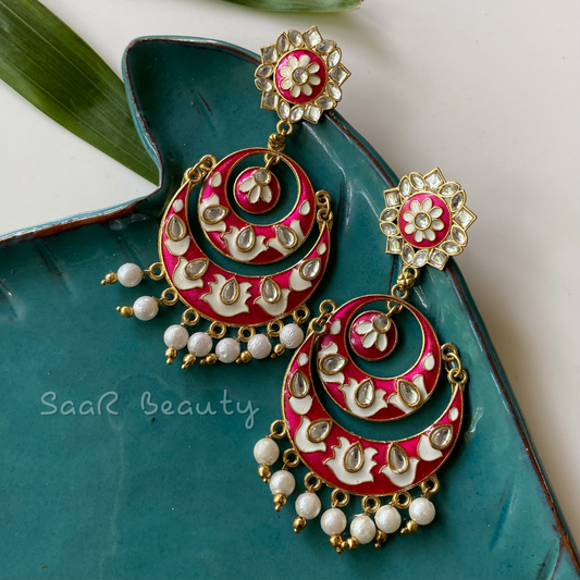 MEENAKARI DO CHAND BALIYA EARRINGS-RED