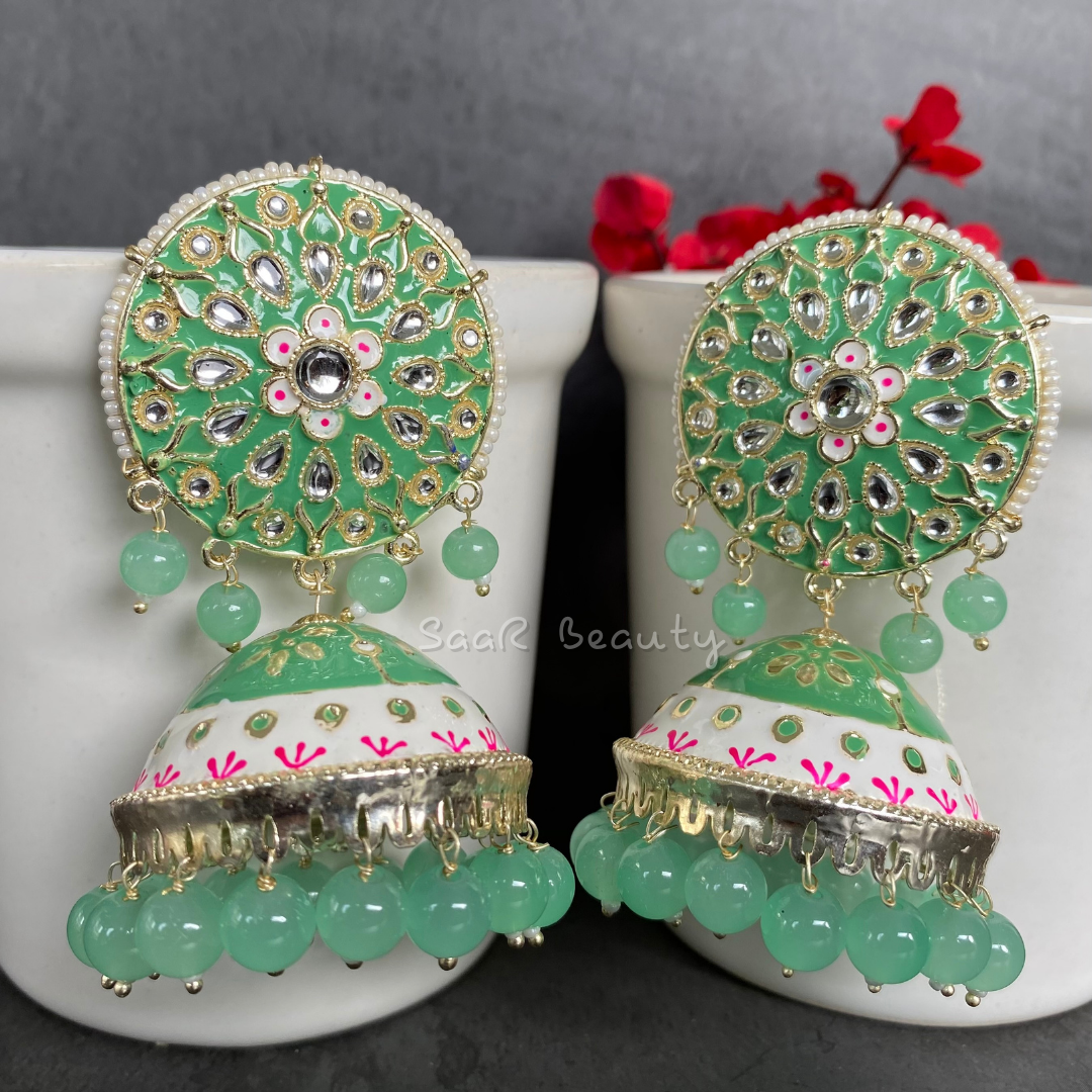 XXXL MEENAKARI JHUMKA EARRINGS - AQUA GREEN