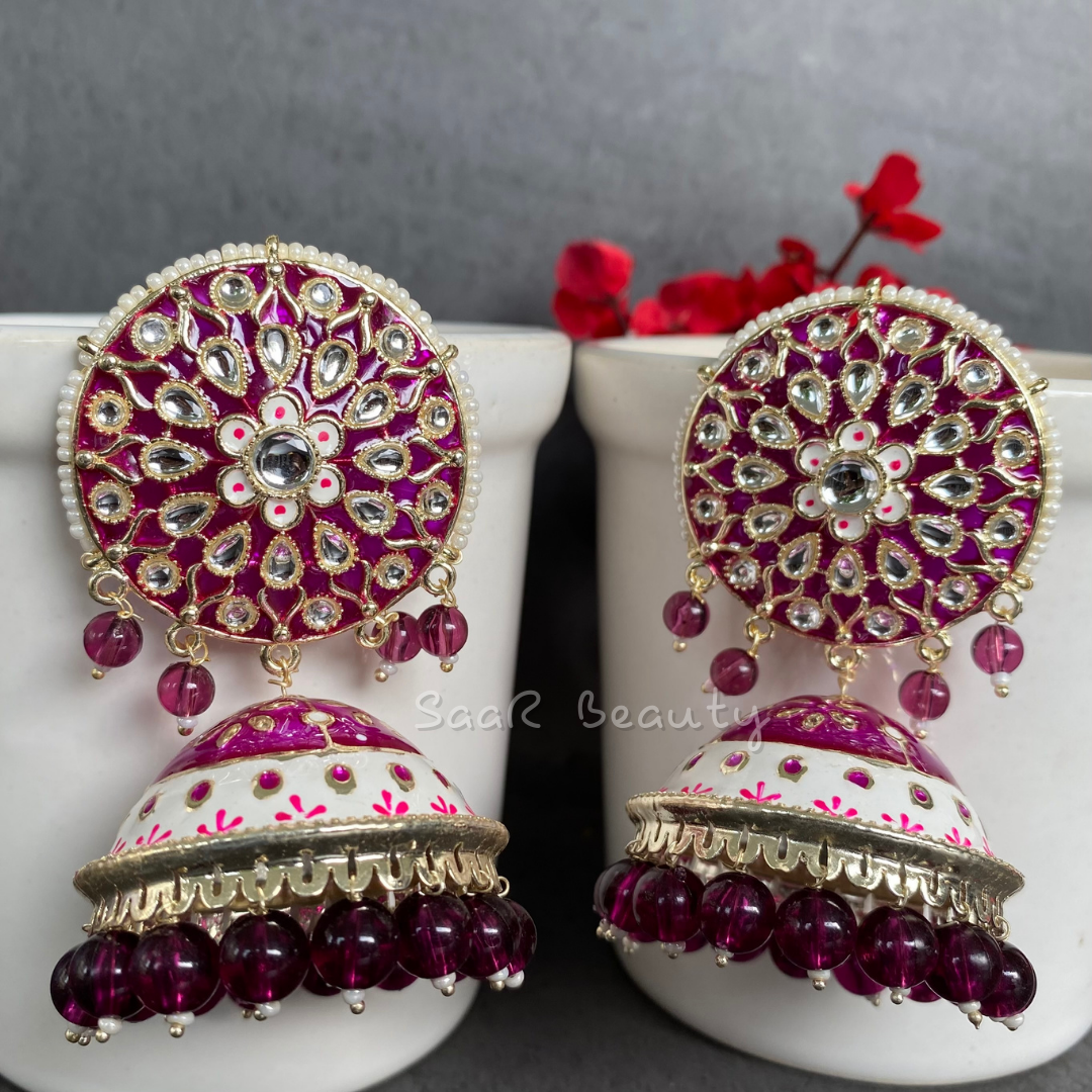 XXXL MEENAKARI JHUMKA EARRINGS - BURGANDY