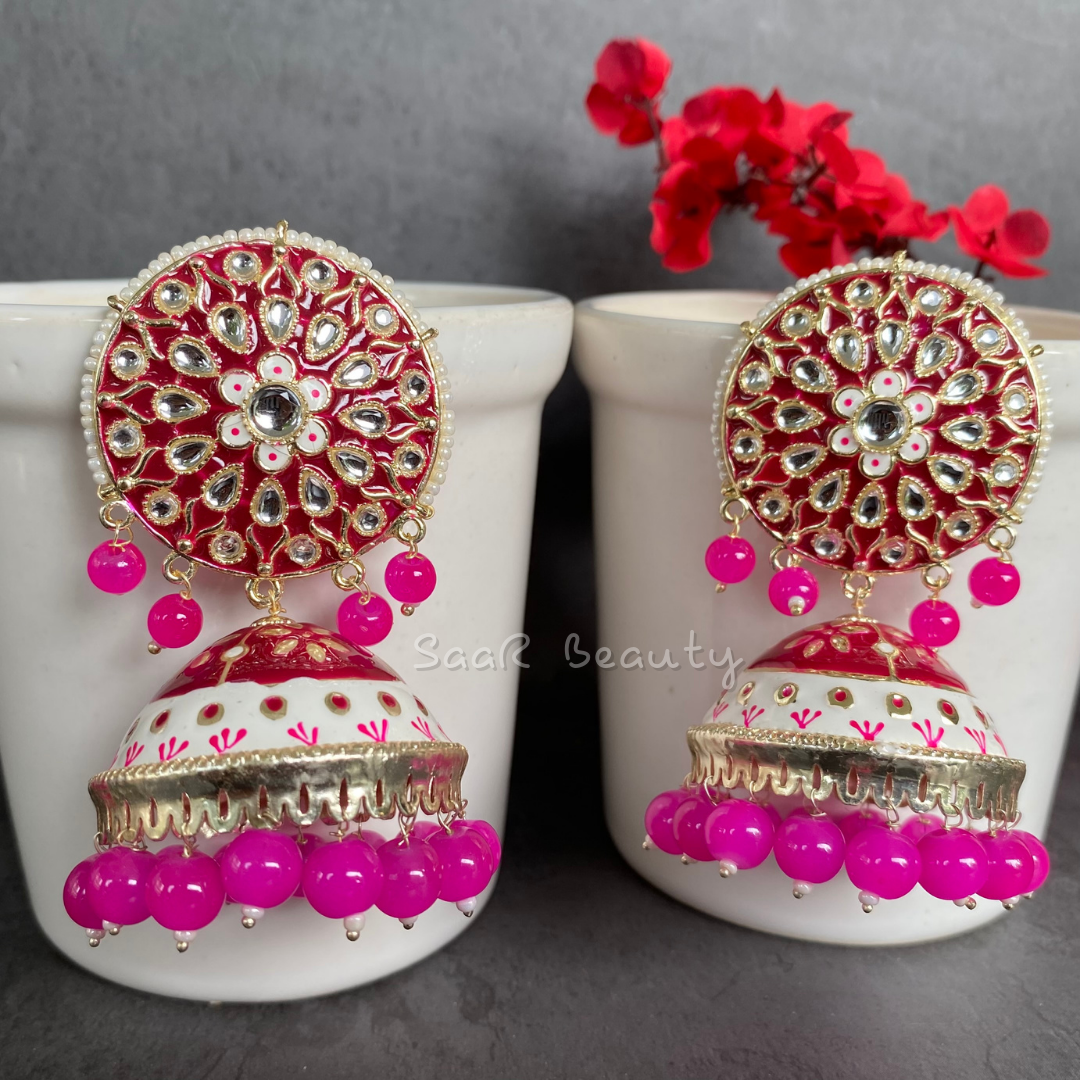 XXXL MEENAKARI JHUMKA EARRINGS - DARK PINK