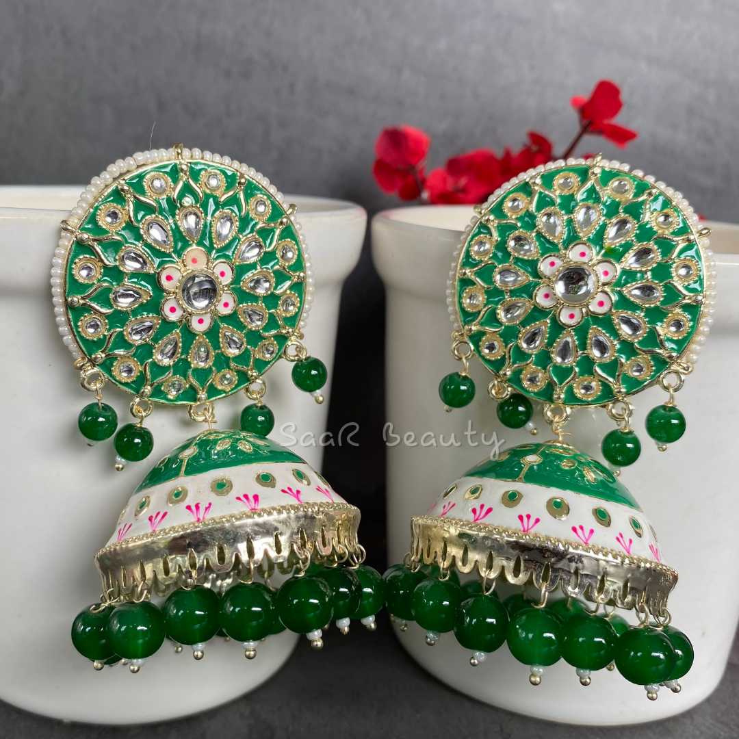 XXXL MEENAKARI JHUMKA EARRINGS - GREEN