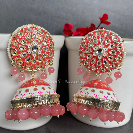 XXXL MEENAKARI JHUMKA EARRINGS - ORANGE PINK