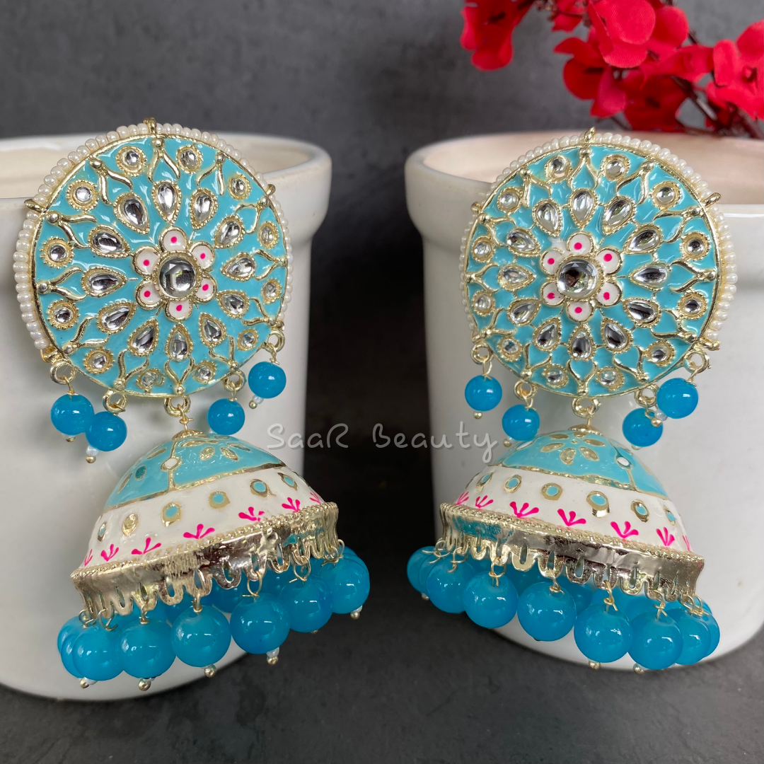 XXXL MEENAKARI JHUMKA EARRINGS - SKY BLUE