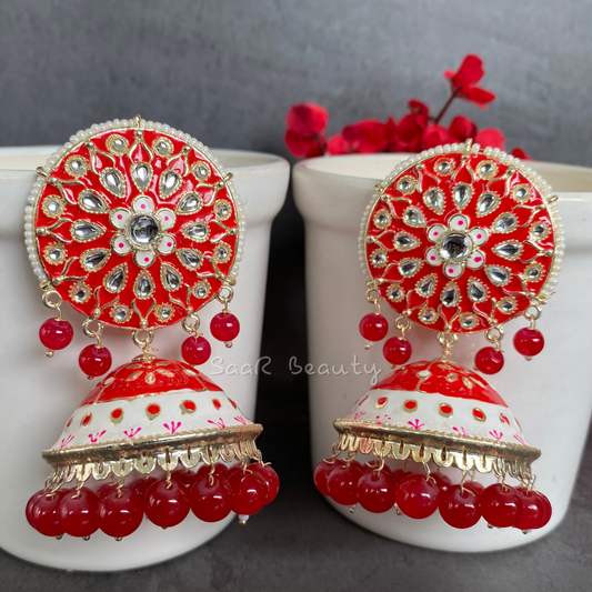 XXXL MEENAKARI JHUMKA EARRINGS -RED