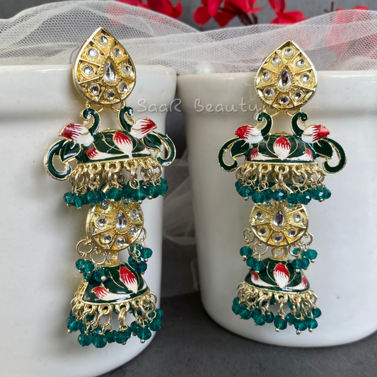 MEENAKARI NARSINGHI TRIPLE EARRINGS - GREEN