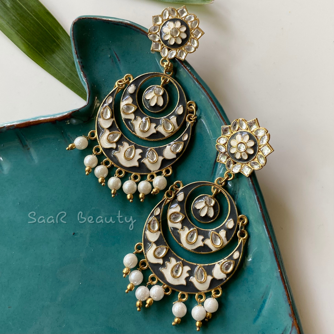 MEENAKARI DO CHAND BALIYA EARRINGS-BLACK