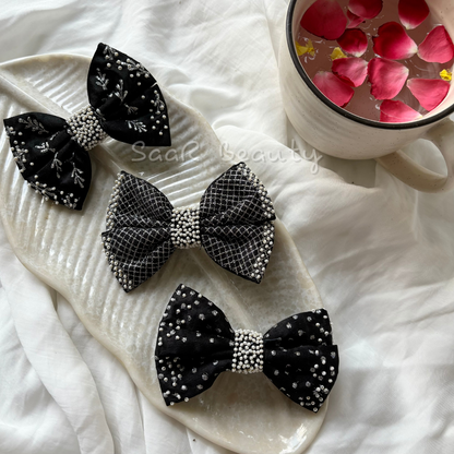 Black Precious Pearls Bow Clip with Alligator Clip – Elegant Hair Accessory