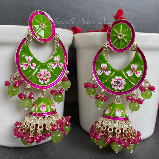 MEENAKARI RAAS PRIYA LARGE JHUMKA - LEAFY GREEN