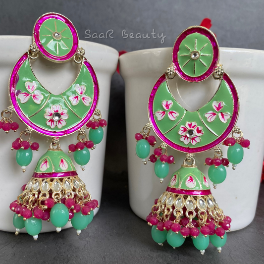 MEENAKARI RAAS PRIYA LARGE JHUMKA - AQUA GREEN