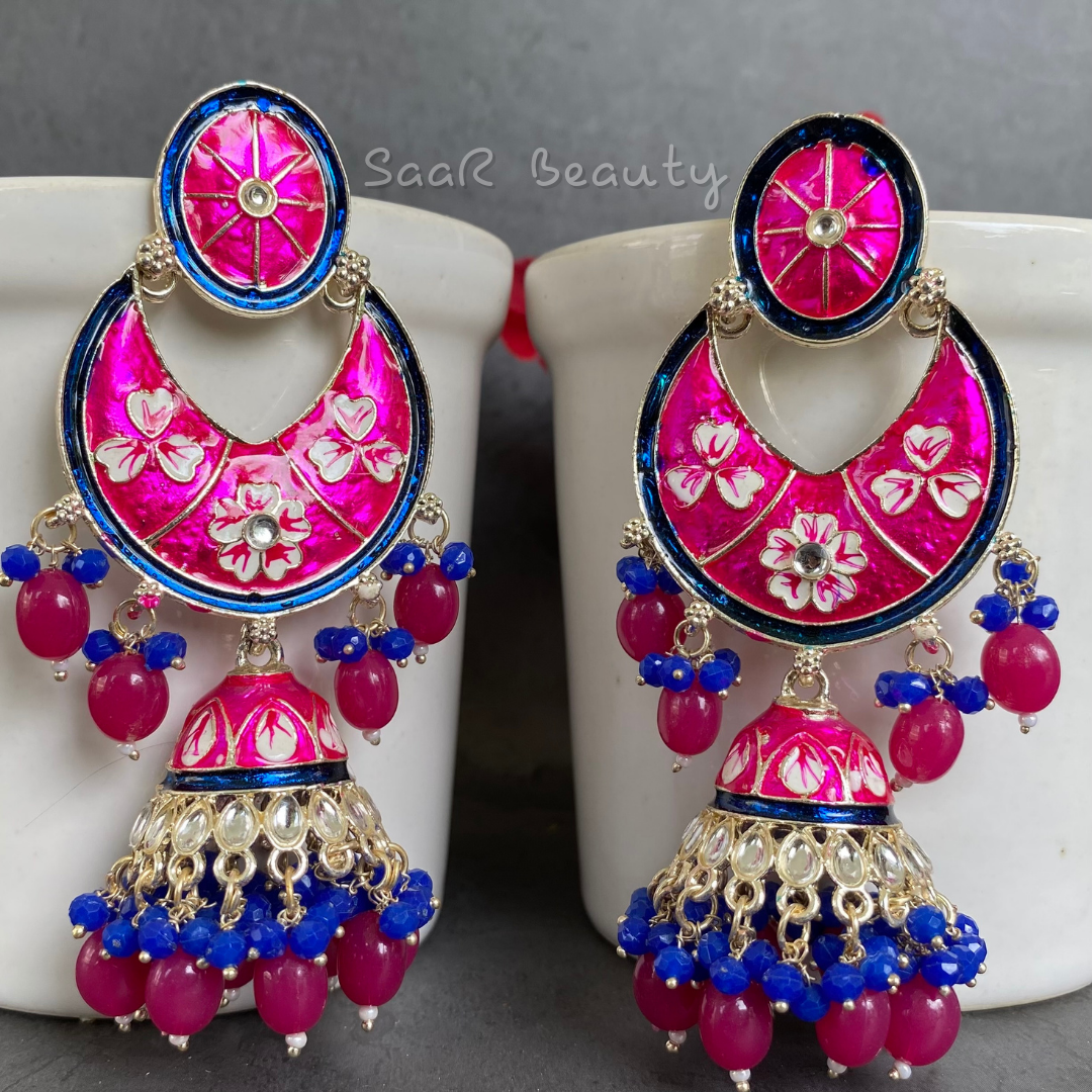 MEENAKARI RAAS PRIYA LARGE JHUMKA - DEEP PINK