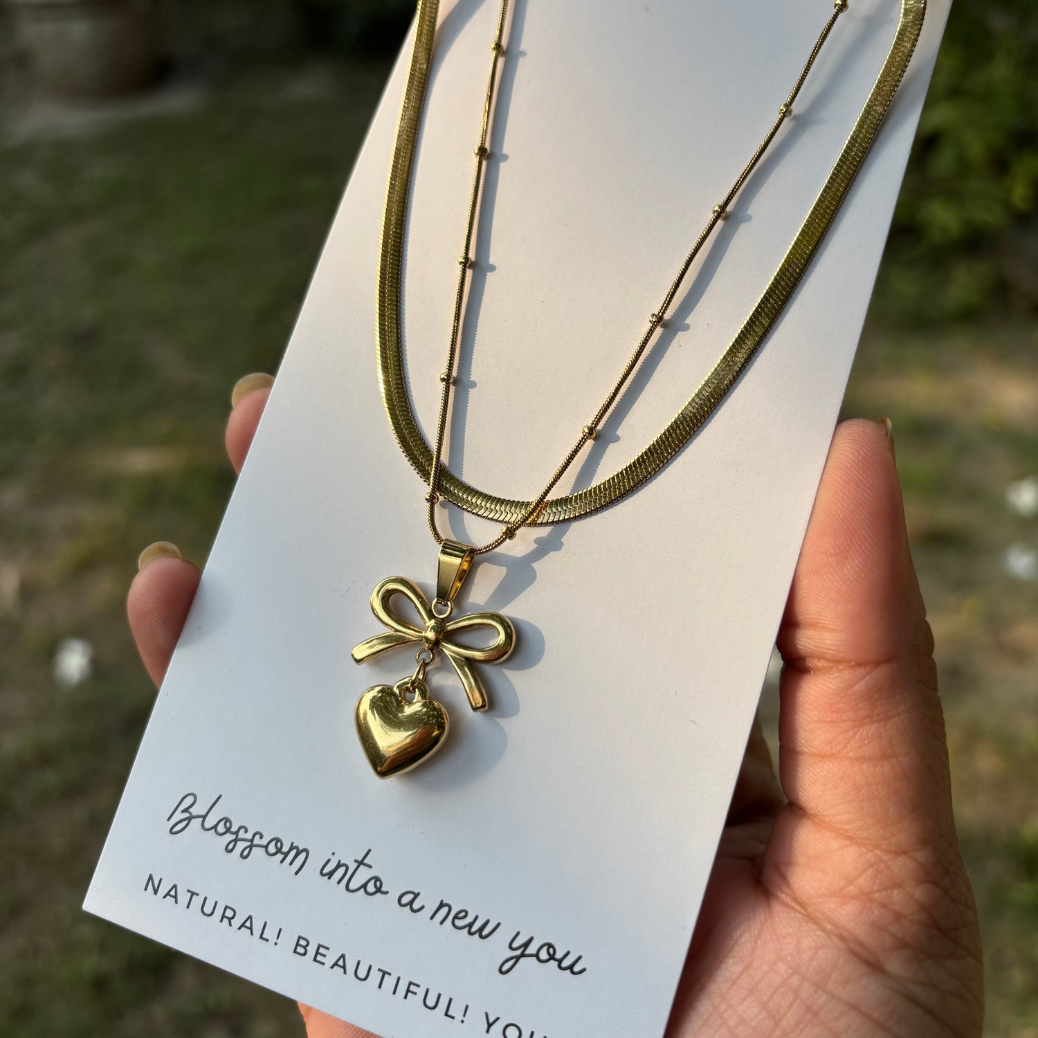 Pure Romance BowHeart Gold Necklace